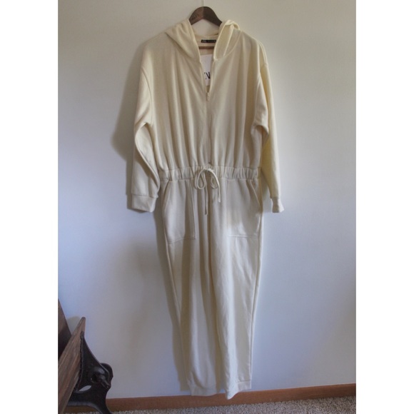 Zara Ecru Cream Zipped and Drawstring Waist Soft Touch Jumpsuit BNWT Large - Picture 9 of 15